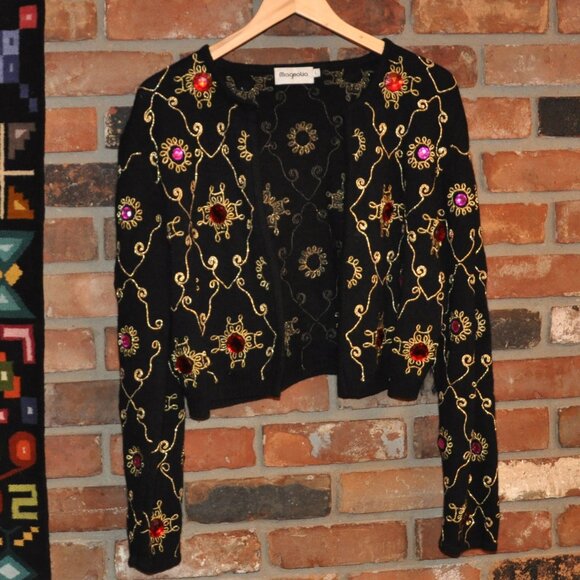 Vtg Magnolia BLACK Wool Angora KNIT CARDIGAN SWEATER Embroidery L Gems - Picture 7 of 10